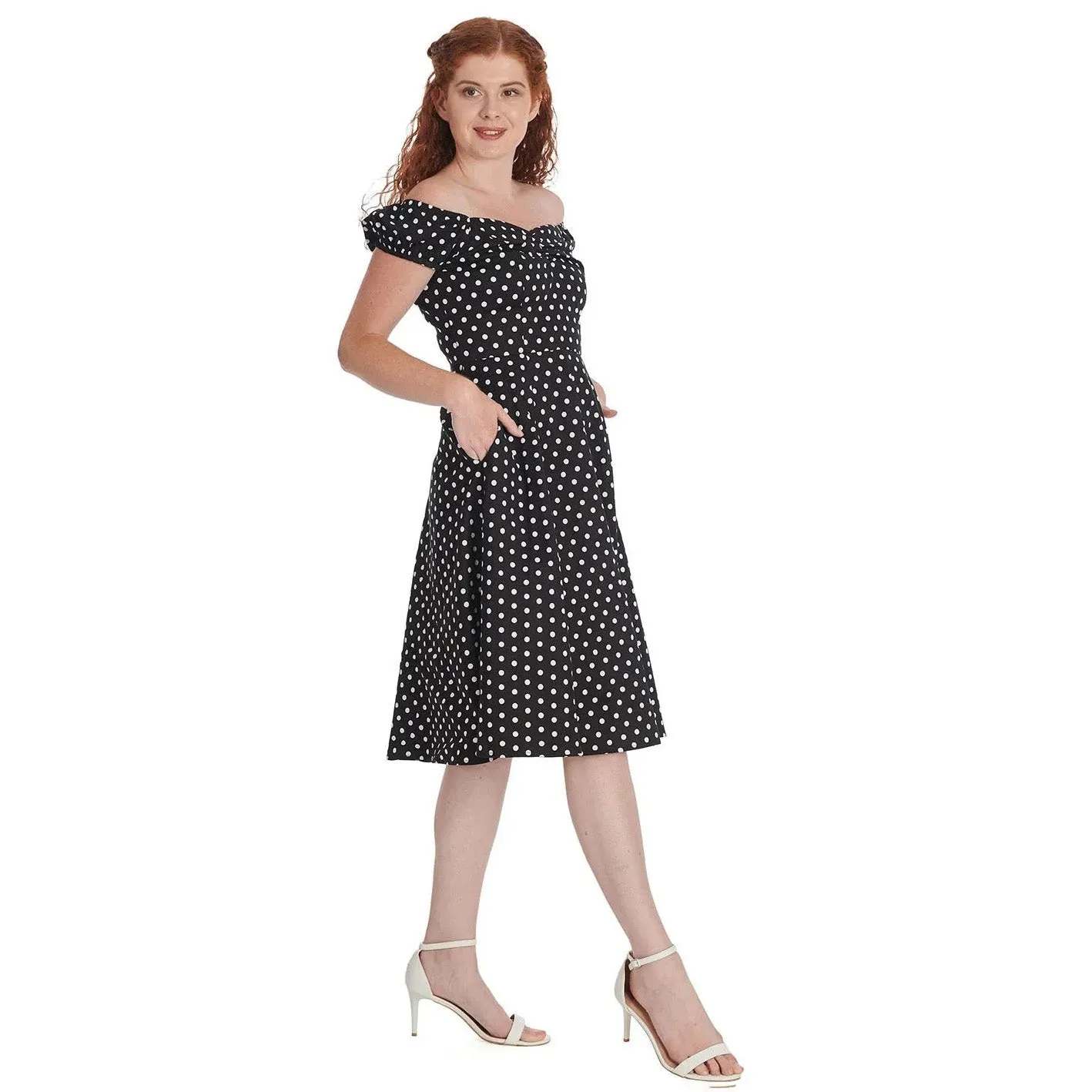 Black & White Polka Dot Bardot Neckline Puff Sleeve 50s Swing Dress