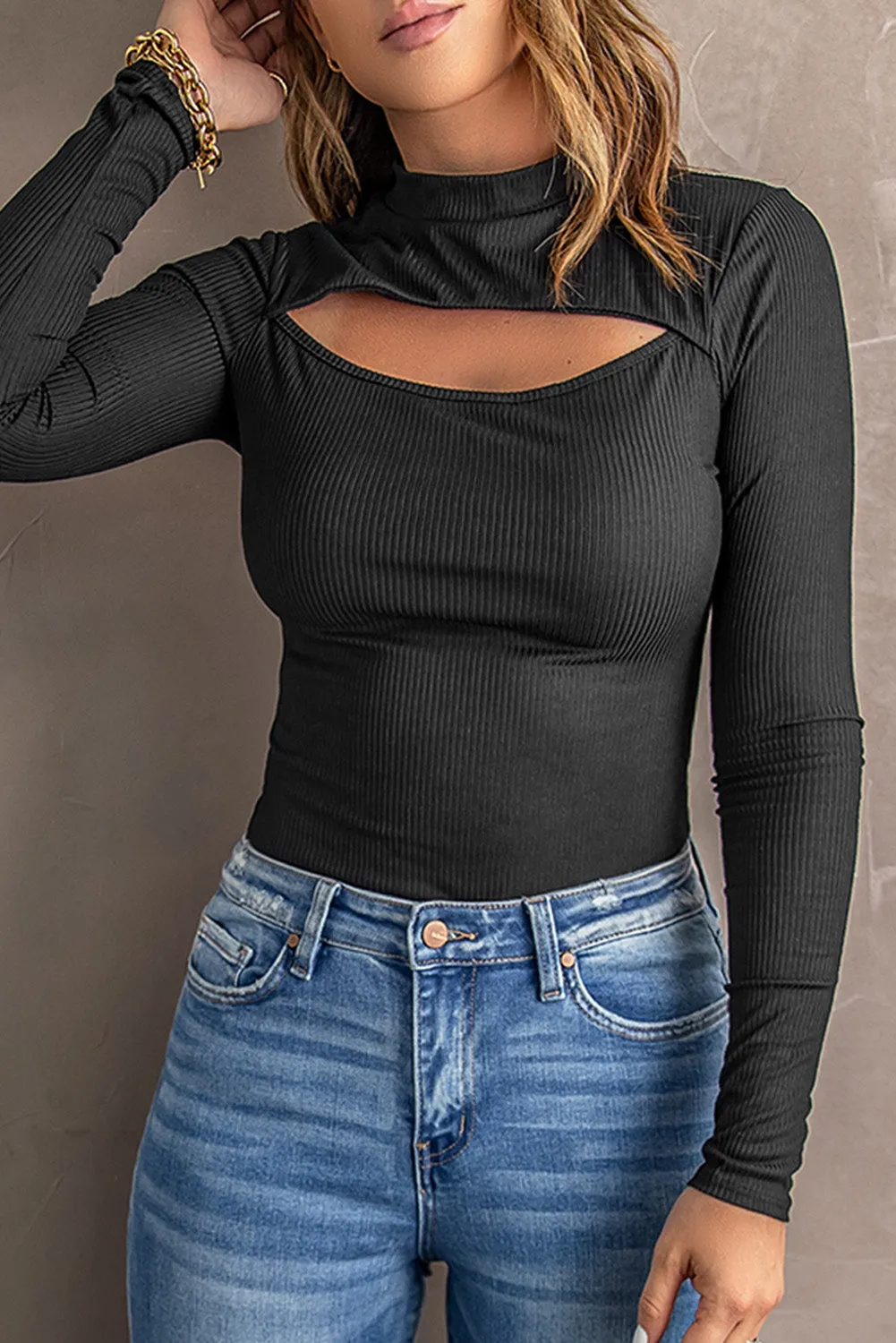 Black Cutout Mock Neck Ribbed Long Sleeve Top