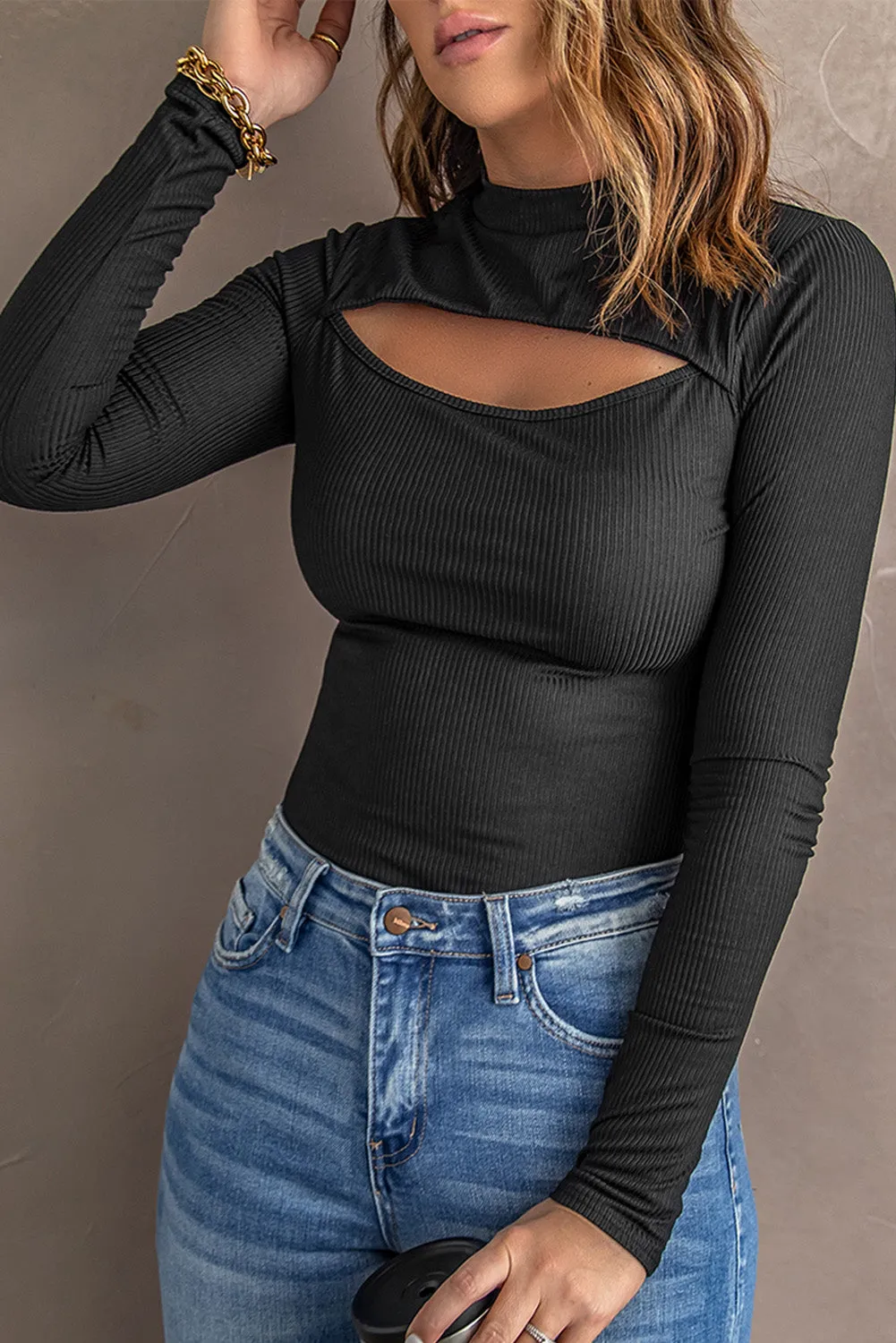 Black Cutout Mock Neck Ribbed Long Sleeve Top