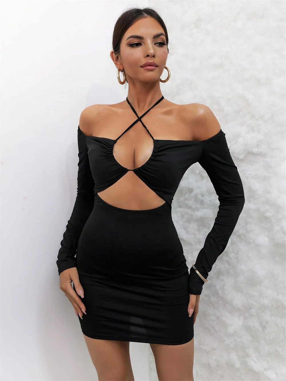 Black Off Shoulder Cross Sling Bodycon Dress