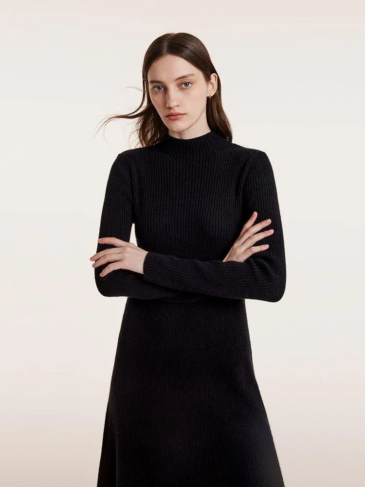 Black Pure Cashmere Mock Neck Knit Dress