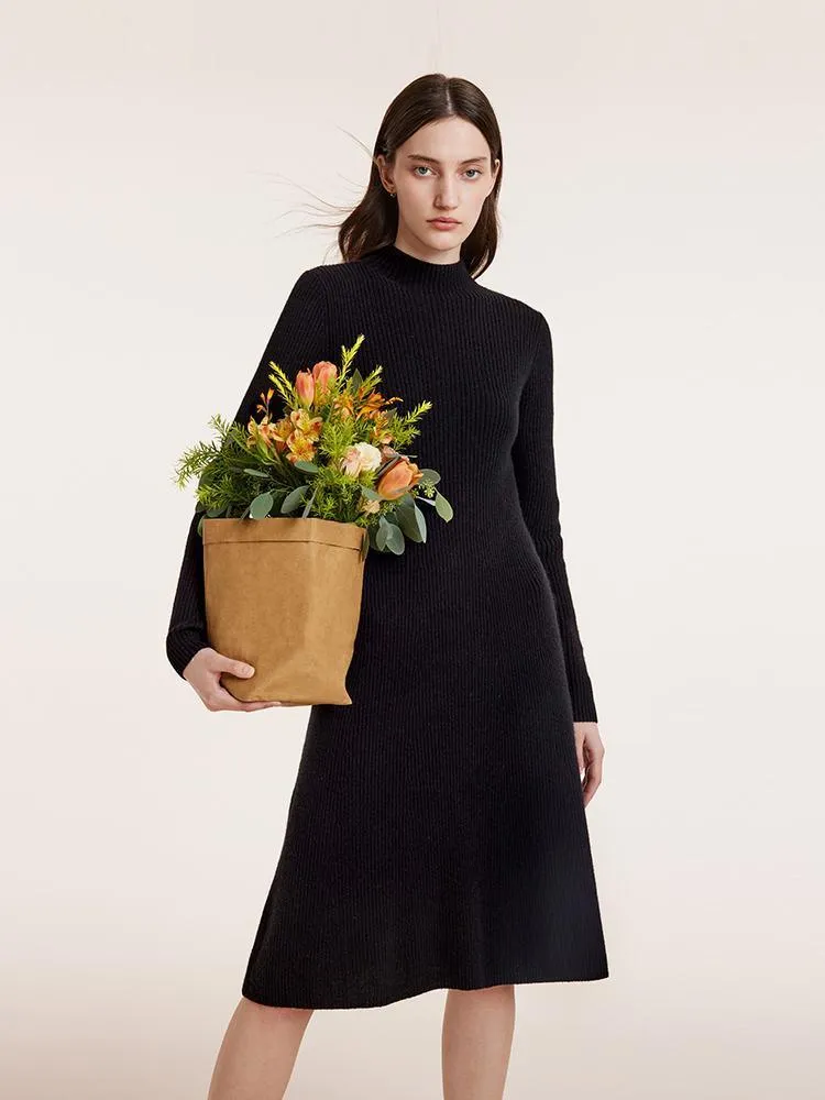 Black Pure Cashmere Mock Neck Knit Dress