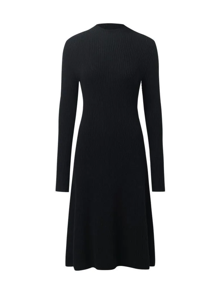 Black Pure Cashmere Mock Neck Knit Dress