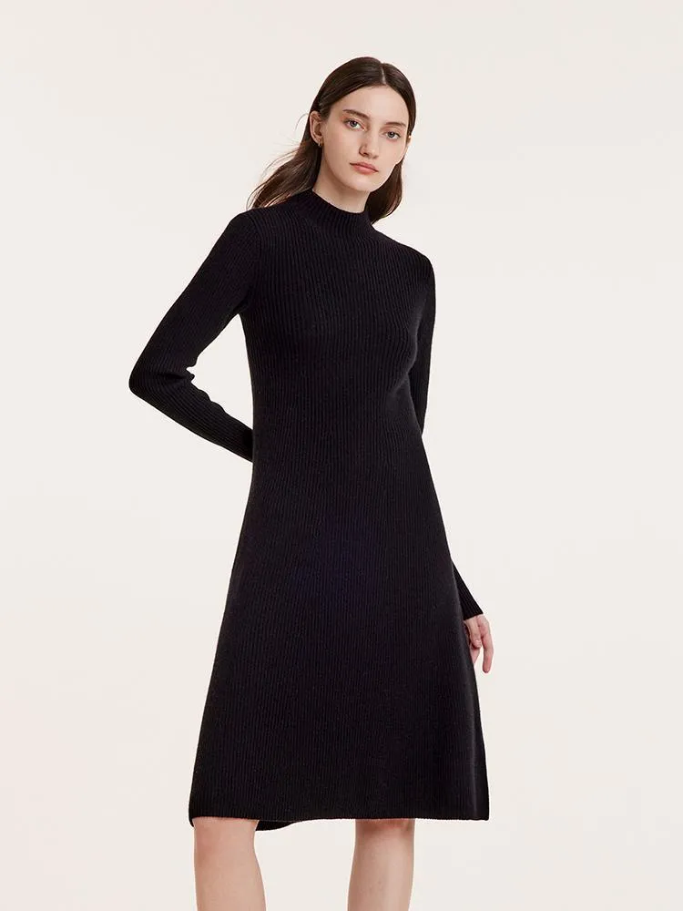 Black Pure Cashmere Mock Neck Knit Dress