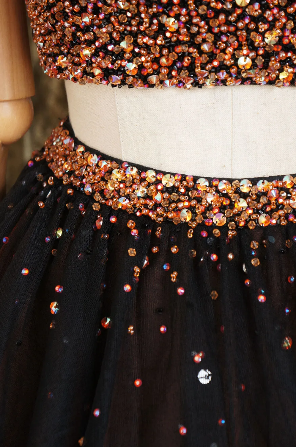 Black two pieces beads tulle short prom dress black homecoming dress