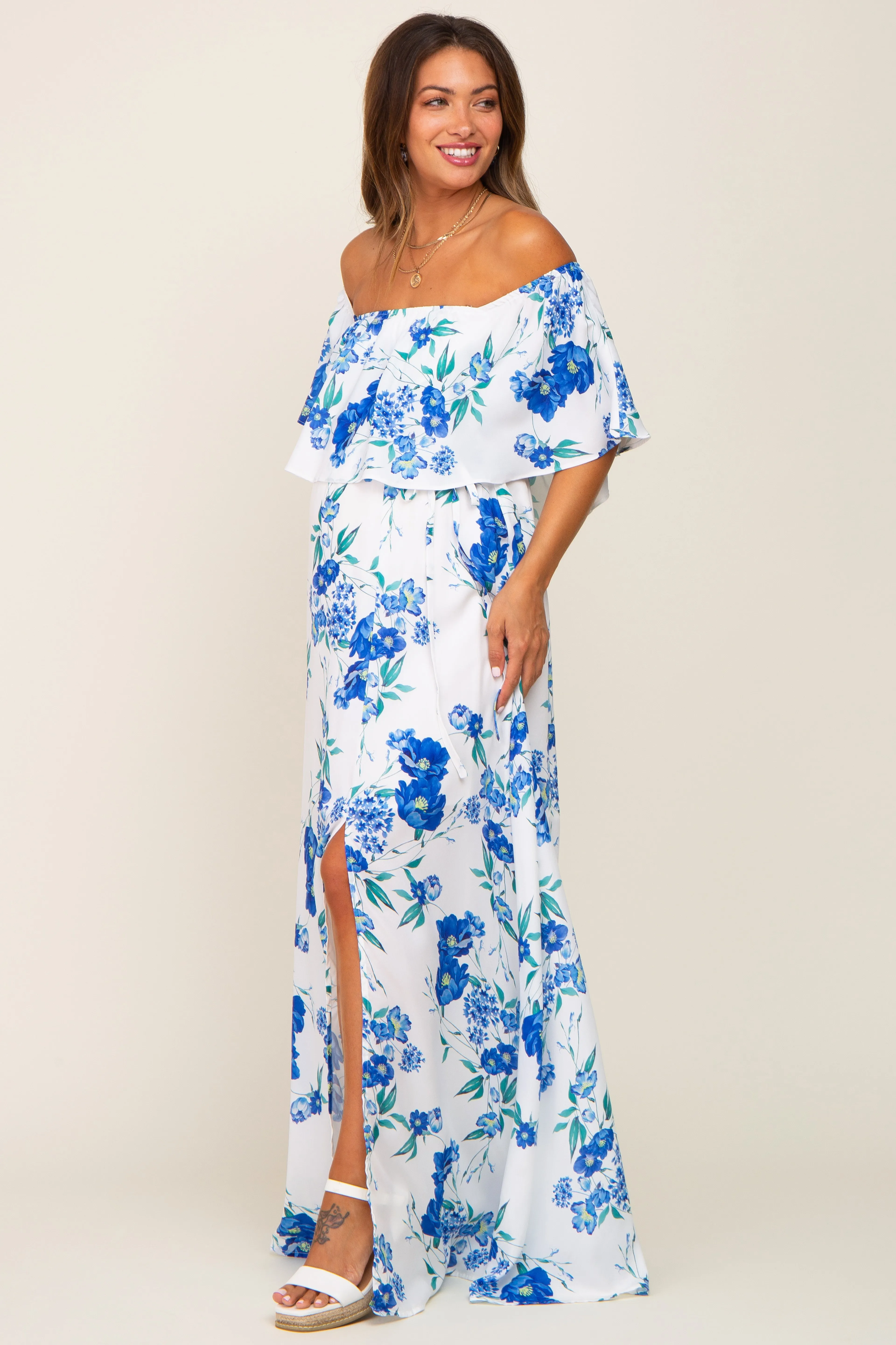 Blue Floral Overlay Off-Shoulder Side Slit Maternity Maxi Dress