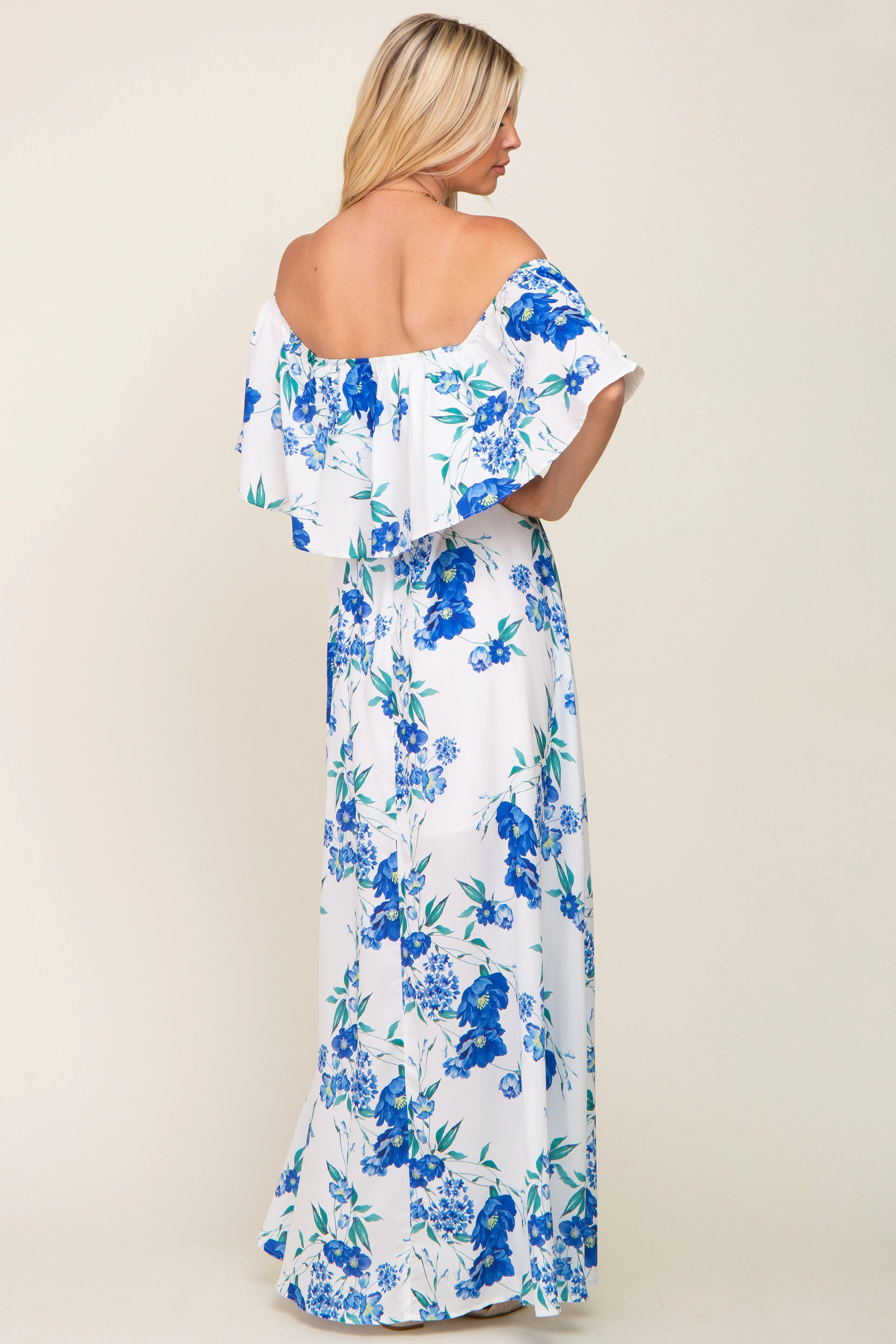 Blue Floral Overlay Off-Shoulder Side Slit Maxi Dress