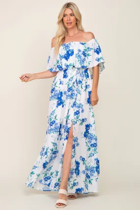 Blue Floral Overlay Off-Shoulder Side Slit Maxi Dress