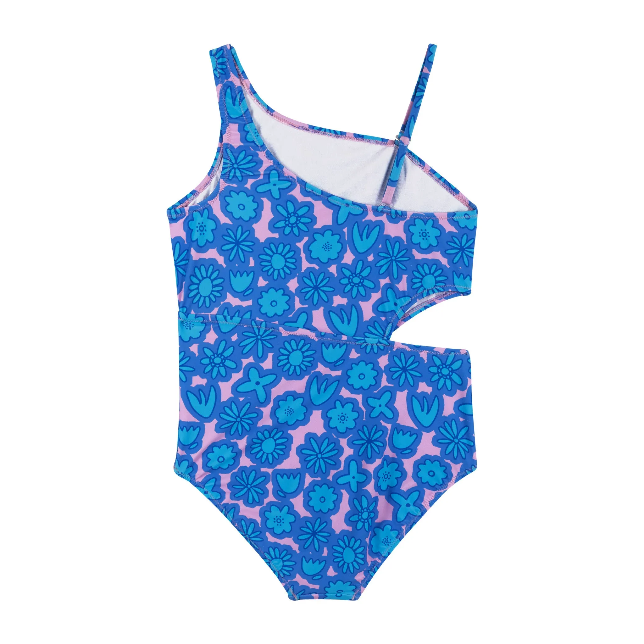 Blue Floral Print One-Shoulder Swimsuit