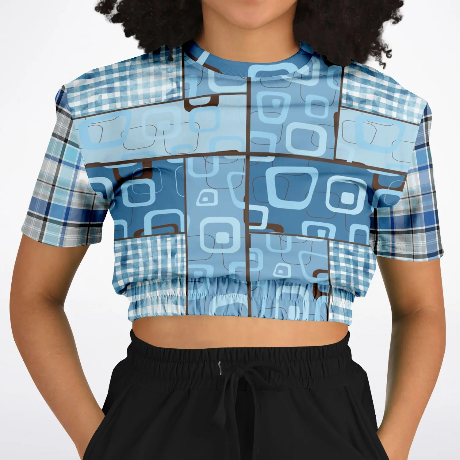 Blue Geo Plaid SW Short Sleeve Cropped Sweater