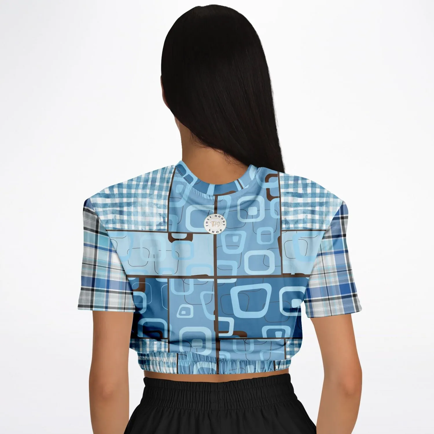 Blue Geo Plaid SW Short Sleeve Cropped Sweater