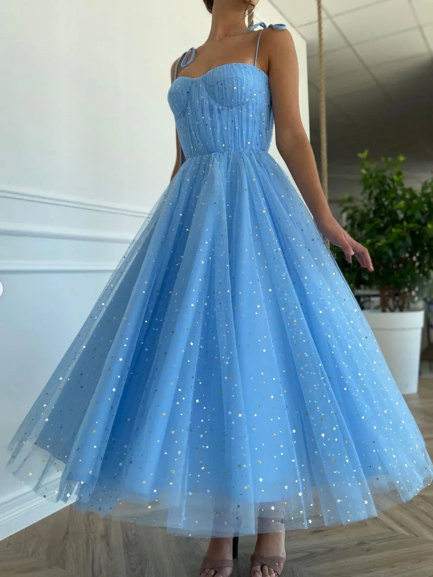 Blue tulle tea length prom dress, blue tulle formal dress