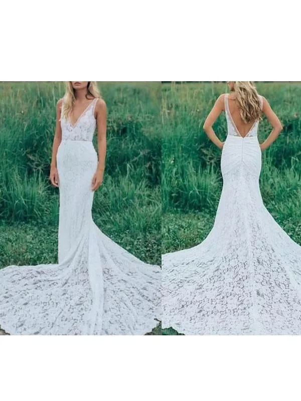 Boho Wedding Dresses Mermaid V Neck Sleeveless Lace Beach Bridal Dress With Train