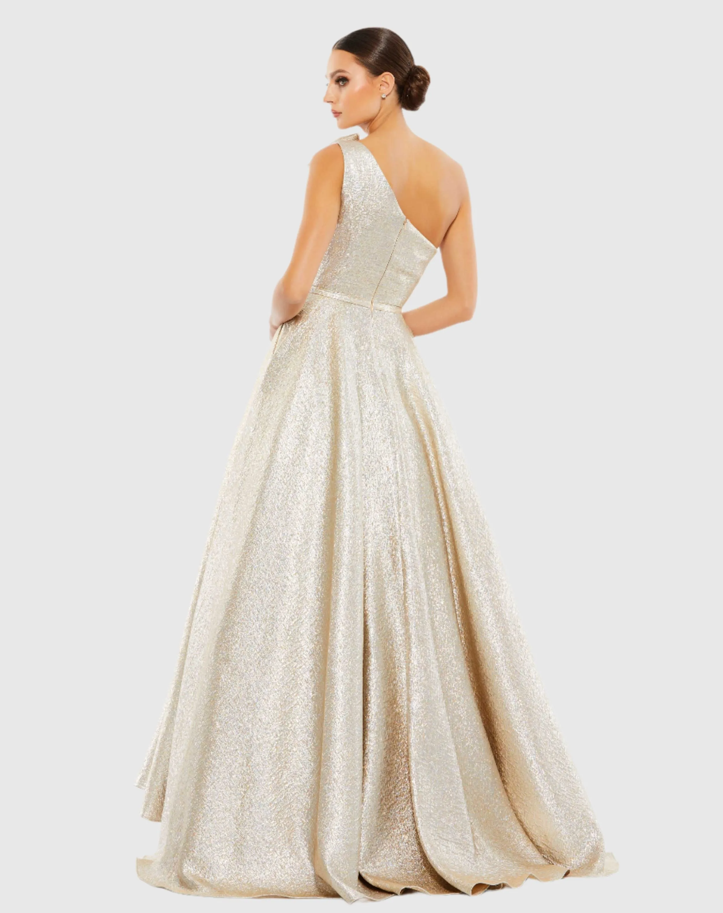 Bow One Shoulder Metallic Ballgown