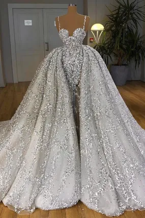 Brilliant Long Mermaid Sweetheart Sequins Wedding Dress With Ruffles Train