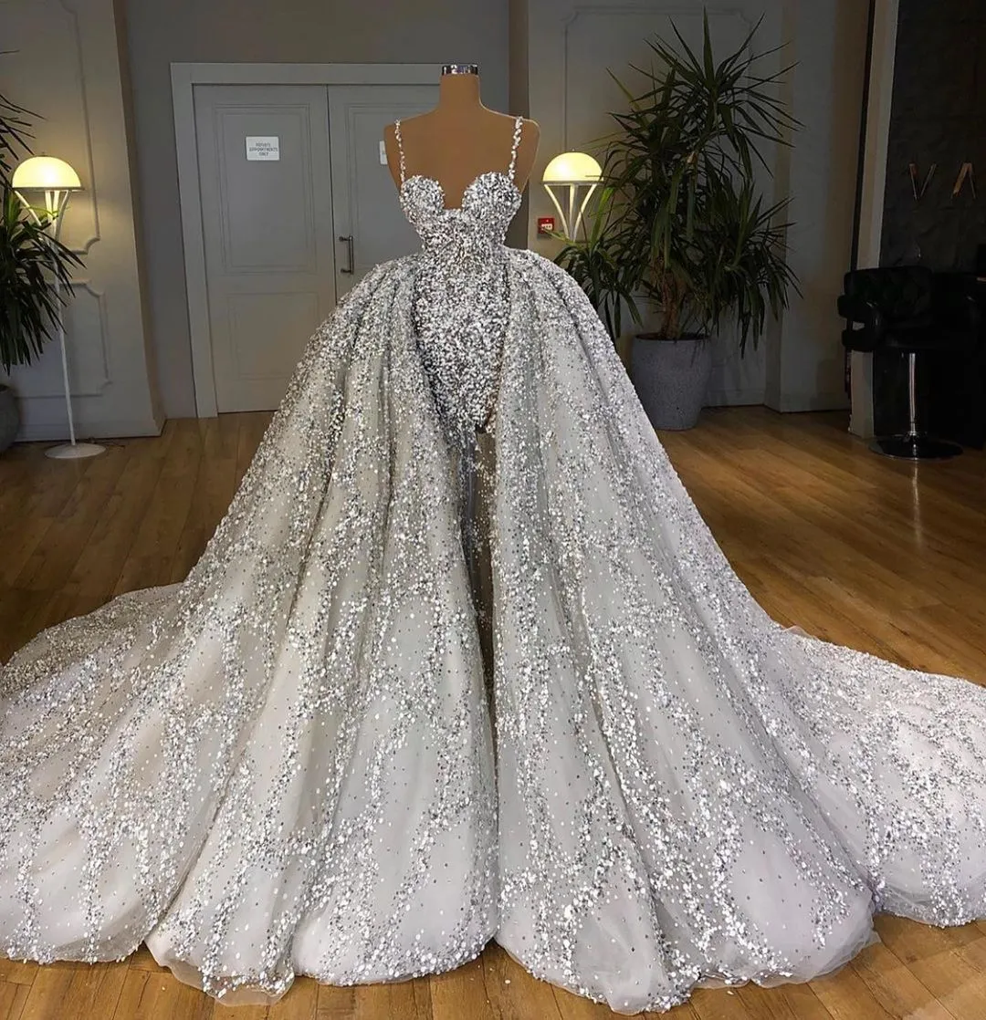 Brilliant Long Mermaid Sweetheart Sequins Wedding Dress With Ruffles Train