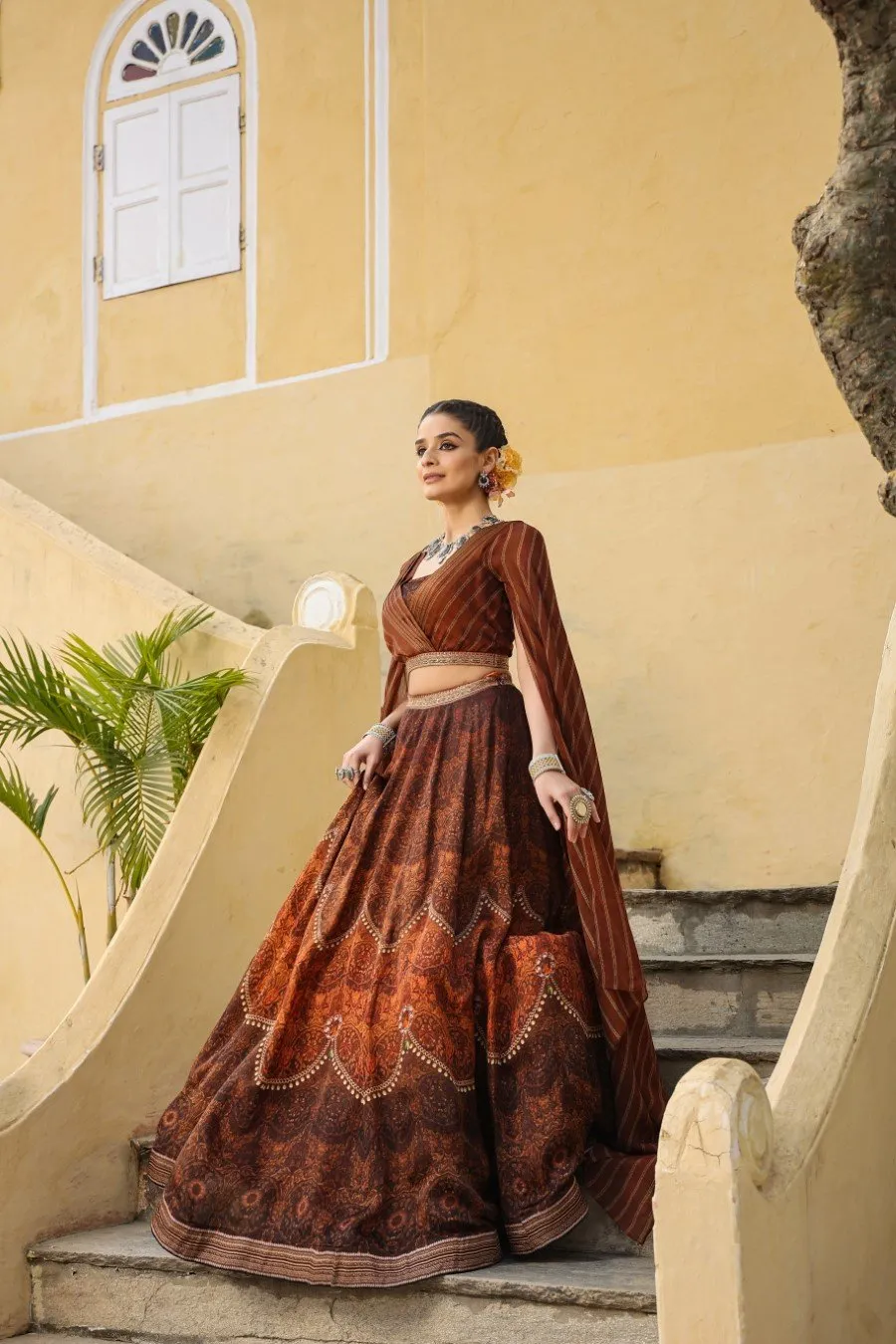 Brown Fusion Styled Skirt with Crop Top