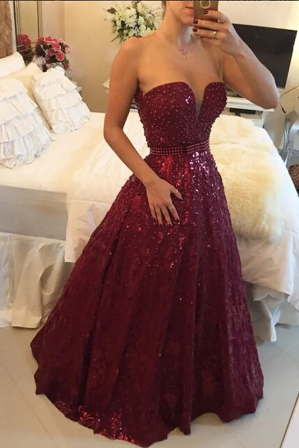 Burgundy A Line Floor Length Deep V Neck Sparkle Prom Dresses