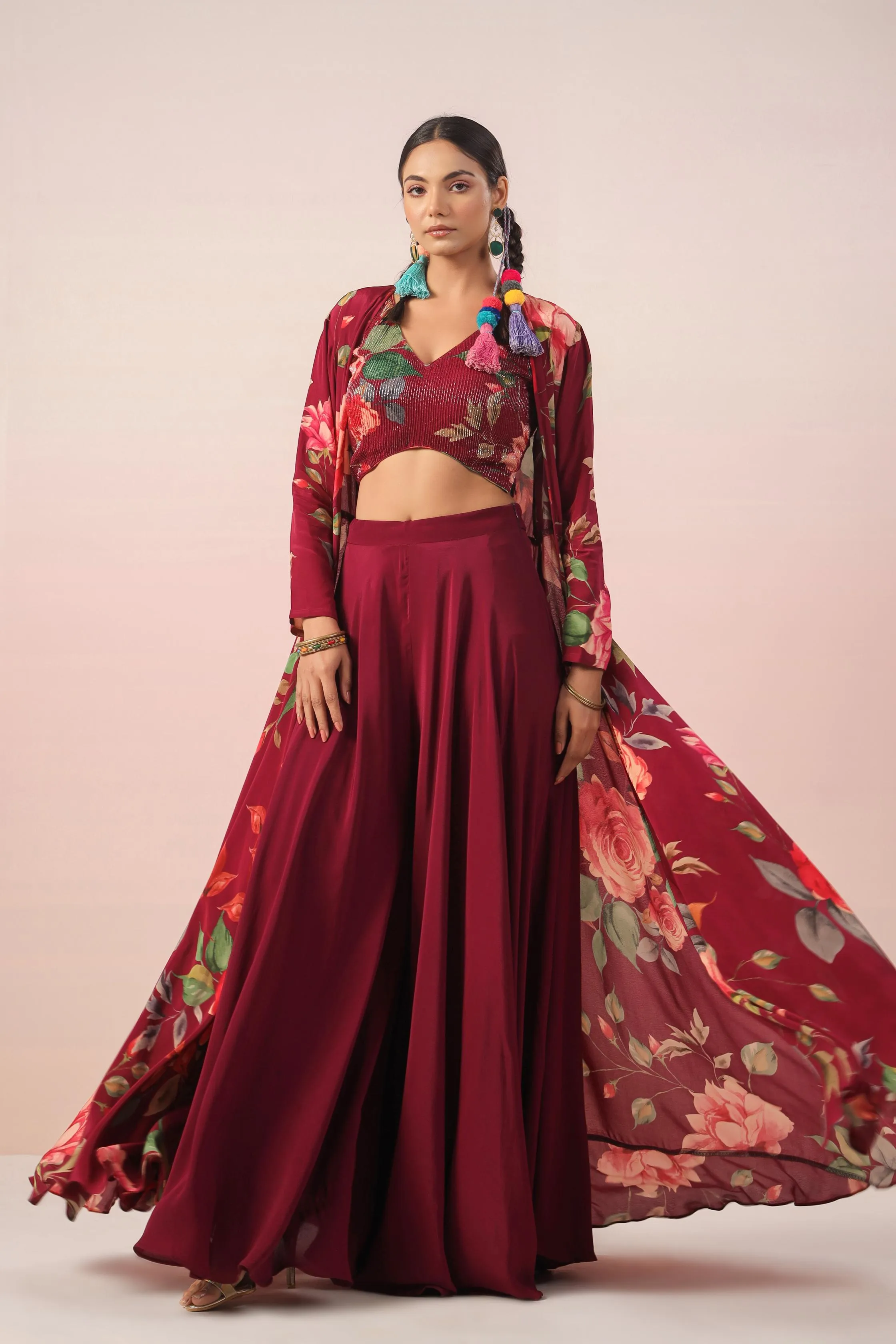 Burgundy Floral Printed Crepe Silk Cape Set