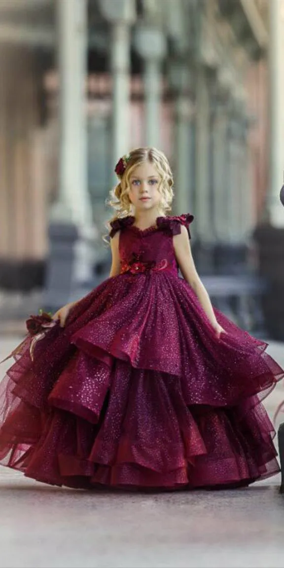 Burgundy Sparkle Tulle Flower Girl Dresses, Shiny Little Girl Dresses, 2020 Flower Girl Dresses