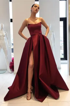 Burgundy Strapless Mermaid Prom Dress Featuring a Split Hem