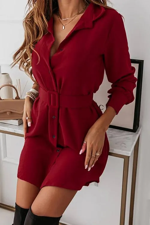 Button Long Sleeve Shirt Mini Dress With Belt