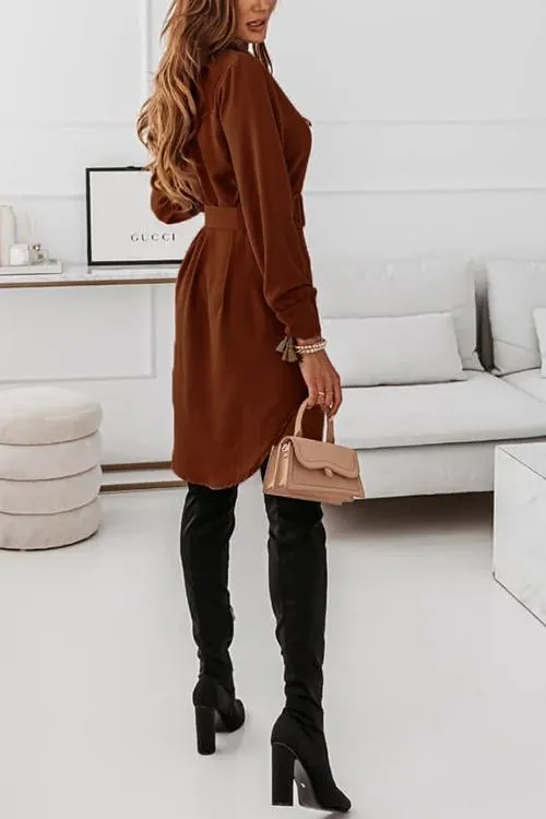 Button Long Sleeve Shirt Mini Dress With Belt