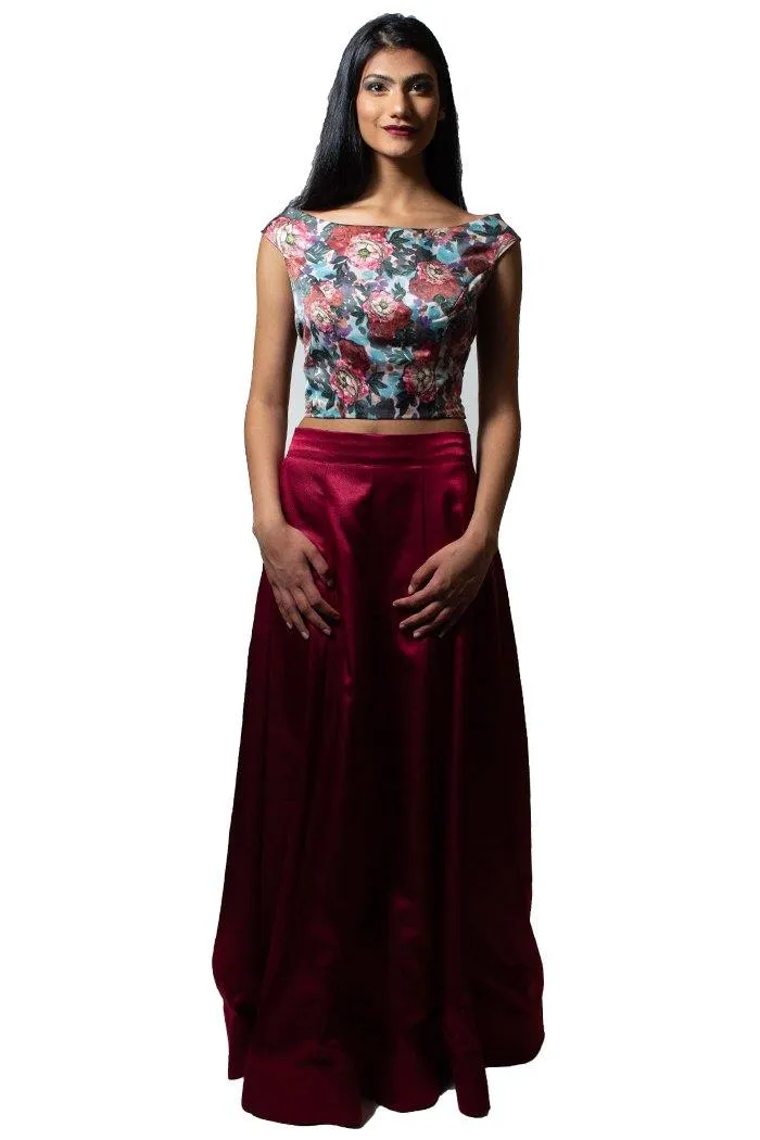 Buy Wine Floral Crop Top & Skirt | Clearance