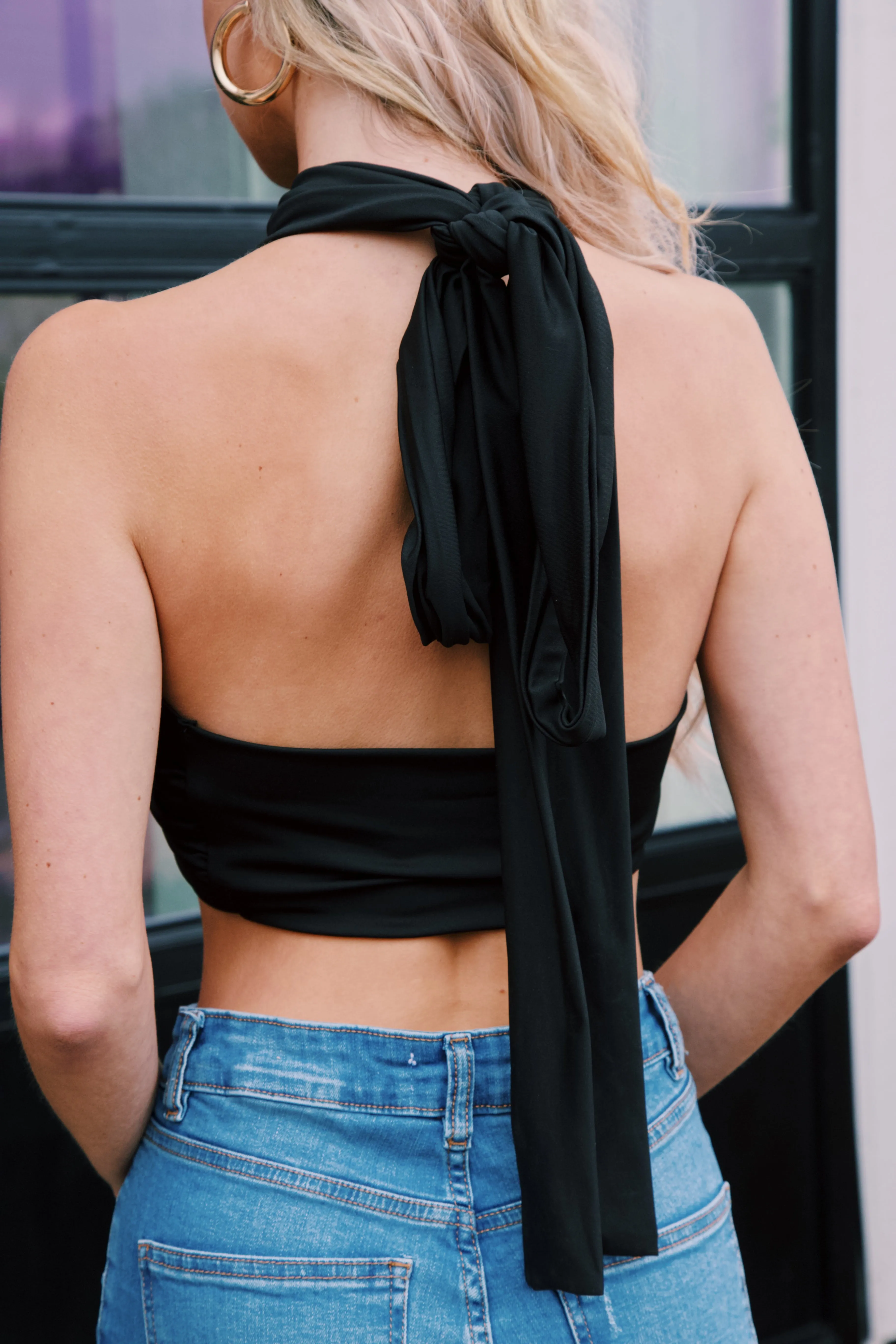 Caiya Wrap Tie Halter Crop Top, Black