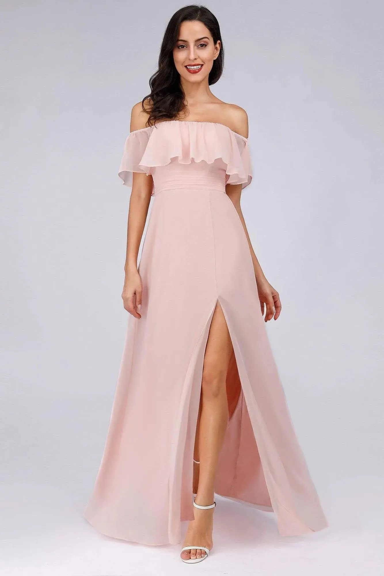 Charming Off Shoulder Ruffle Pink Chiffon Long Prom Dresses Bridesmaid Dresses STK15114