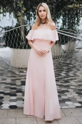 Charming Off Shoulder Ruffle Pink Chiffon Long Prom Dresses Bridesmaid Dresses STK15114