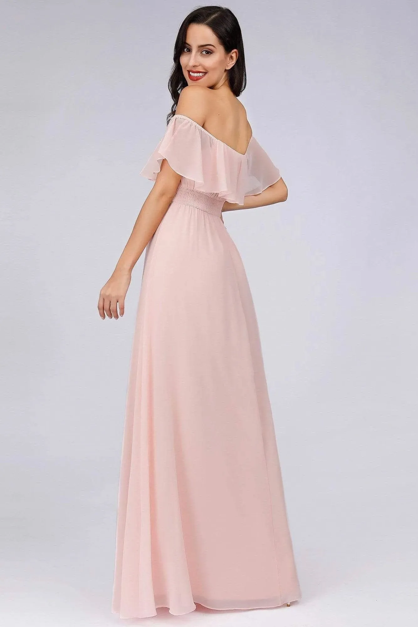 Charming Off Shoulder Ruffle Pink Chiffon Long Prom Dresses Bridesmaid Dresses STK15114