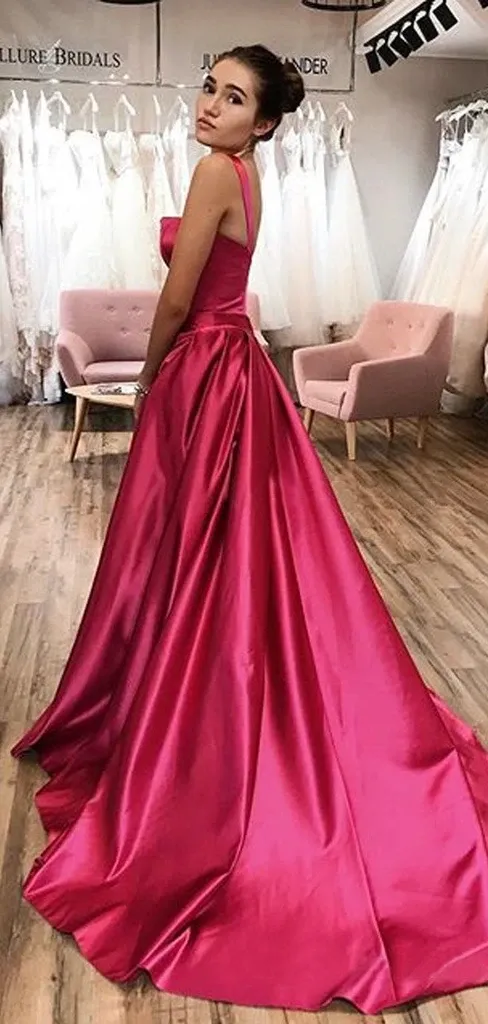 Chic A-line Straps Fuchsia Long Prom Dresses Satin Evening Dress ER2049