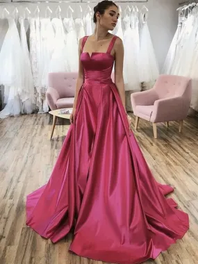 Chic A-line Straps Fuchsia Long Prom Dresses Satin Evening Dress ER2049