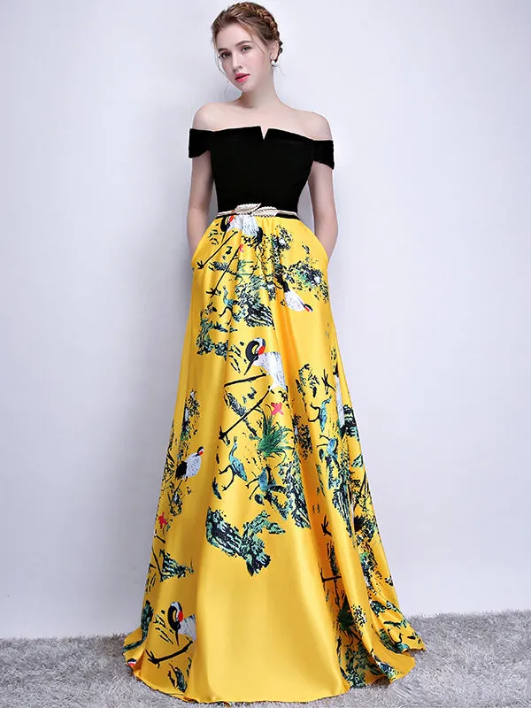 Chic A Line Yellow Prom Dress Off The Shoulder Floral Cheap Long Prom Dress ER580