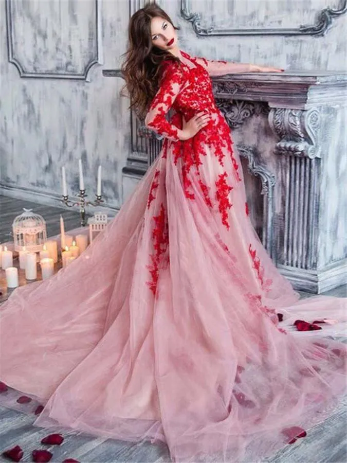 Chic Red Lace Prom Dress Long Sleeve African Prom Dress #ER210