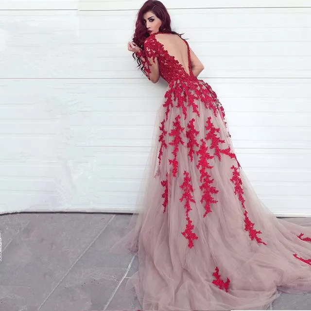 Chic Red Lace Prom Dress Long Sleeve African Prom Dress #ER210