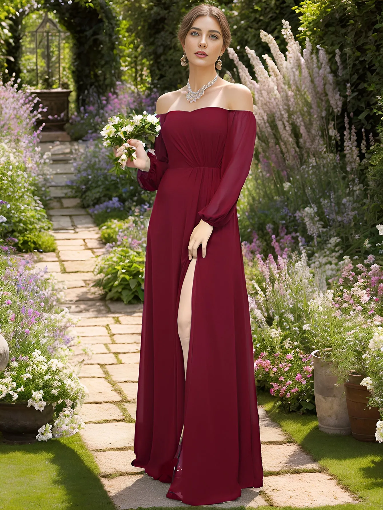 Chiffon Maxi Long One Shoulder Evening Dresses With Lantern Sleeves