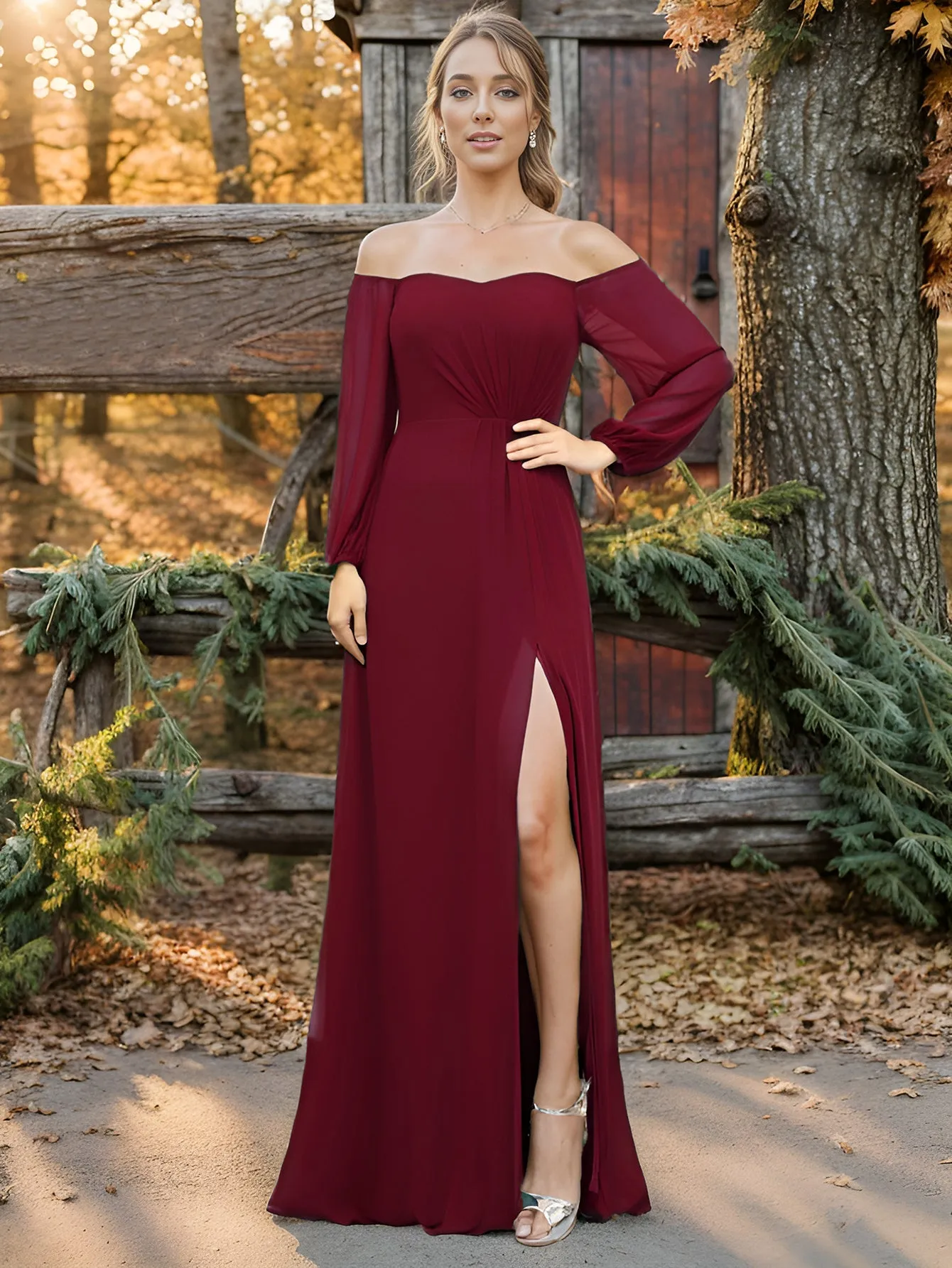 Chiffon Maxi Long One Shoulder Evening Dresses With Lantern Sleeves