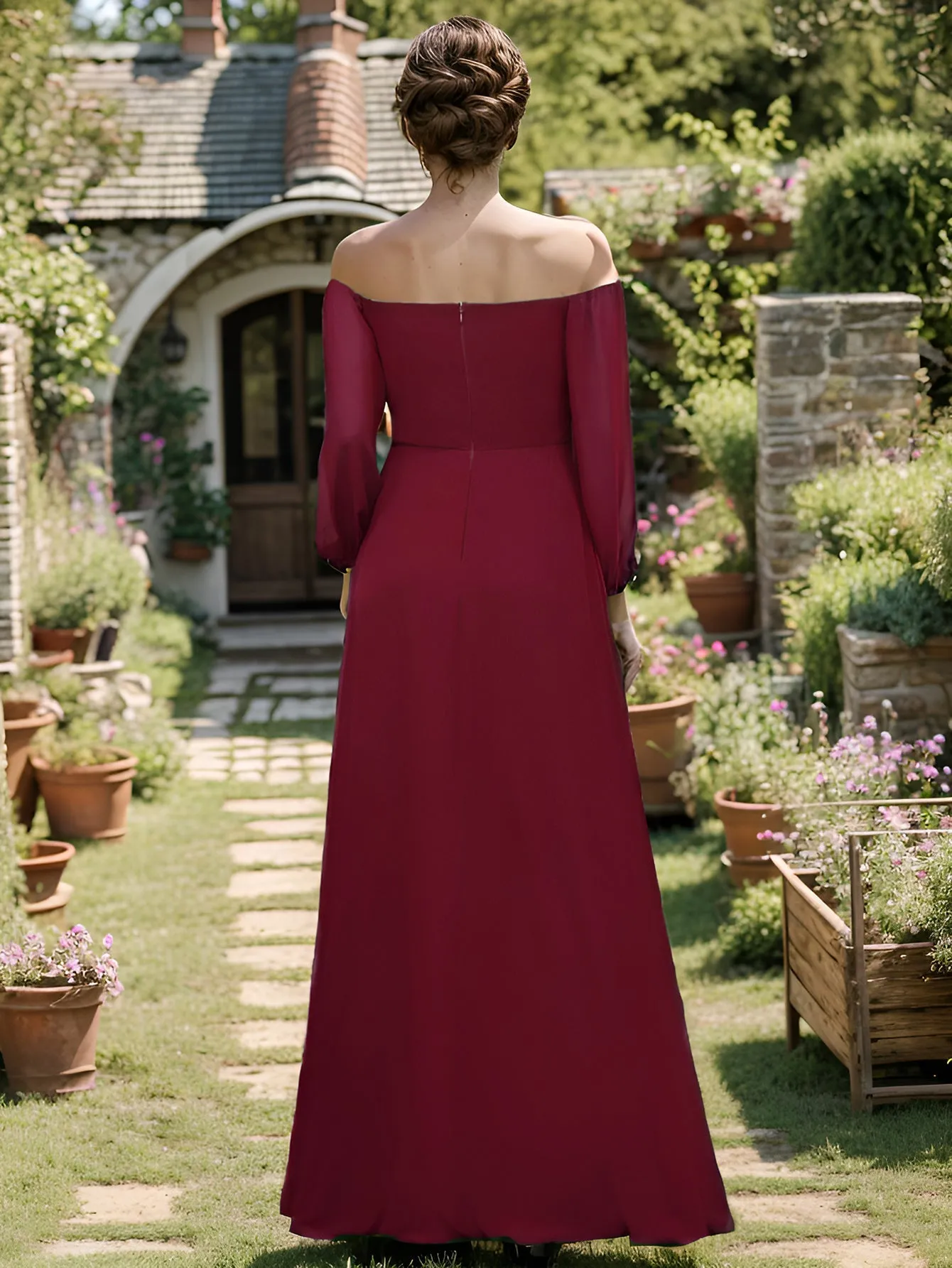 Chiffon Maxi Long One Shoulder Evening Dresses With Lantern Sleeves