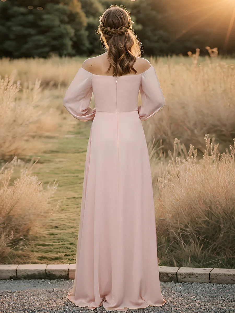 Chiffon Maxi Long One Shoulder Evening Dresses With Lantern Sleeves