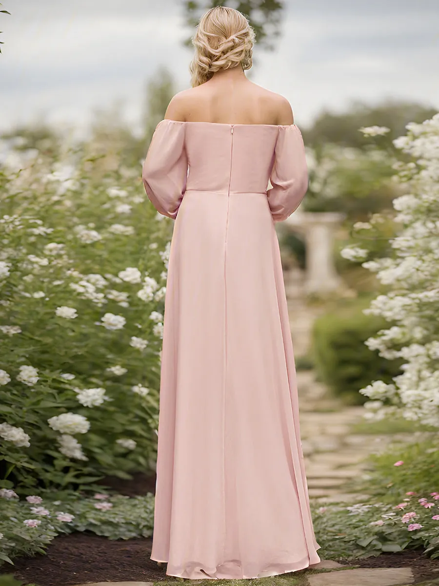 Chiffon Maxi Long One Shoulder Evening Dresses With Lantern Sleeves