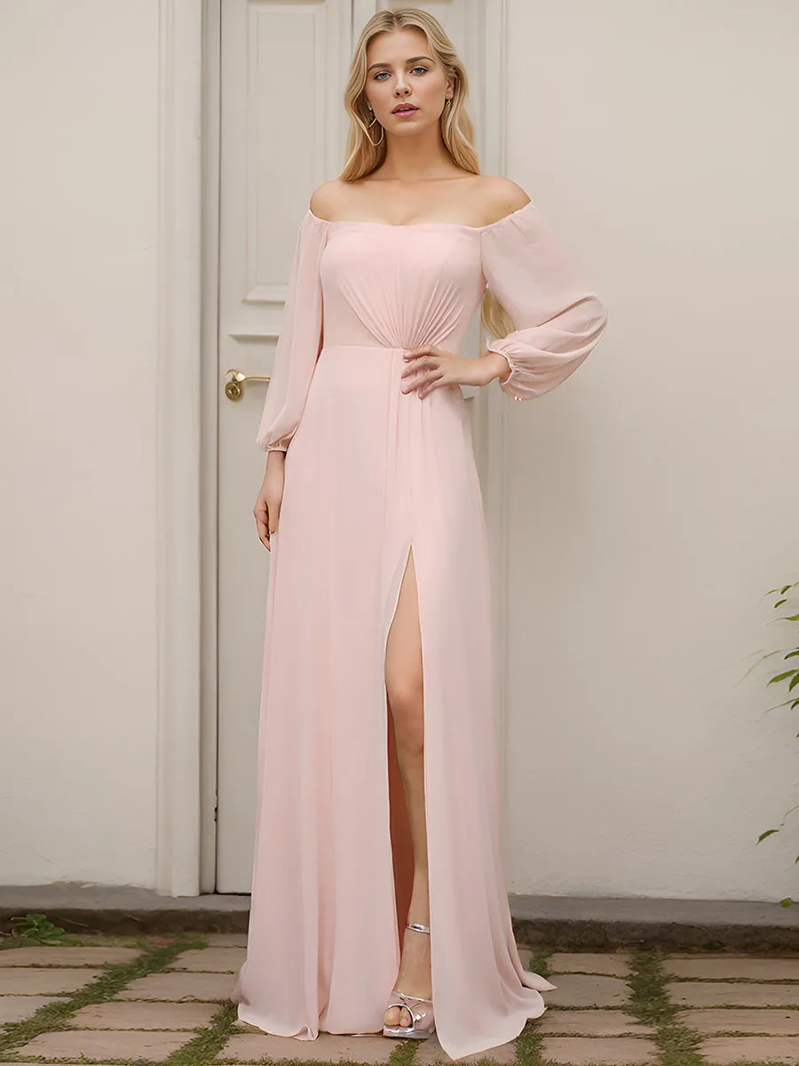 Chiffon Maxi Long One Shoulder Evening Dresses With Lantern Sleeves