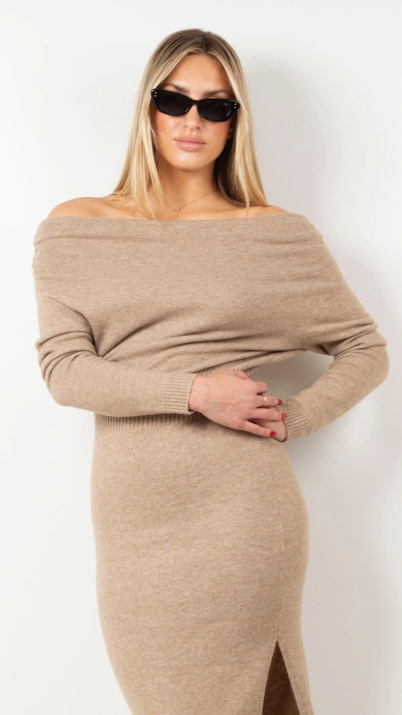 Elegant Cora Sweater Dress in Taupe