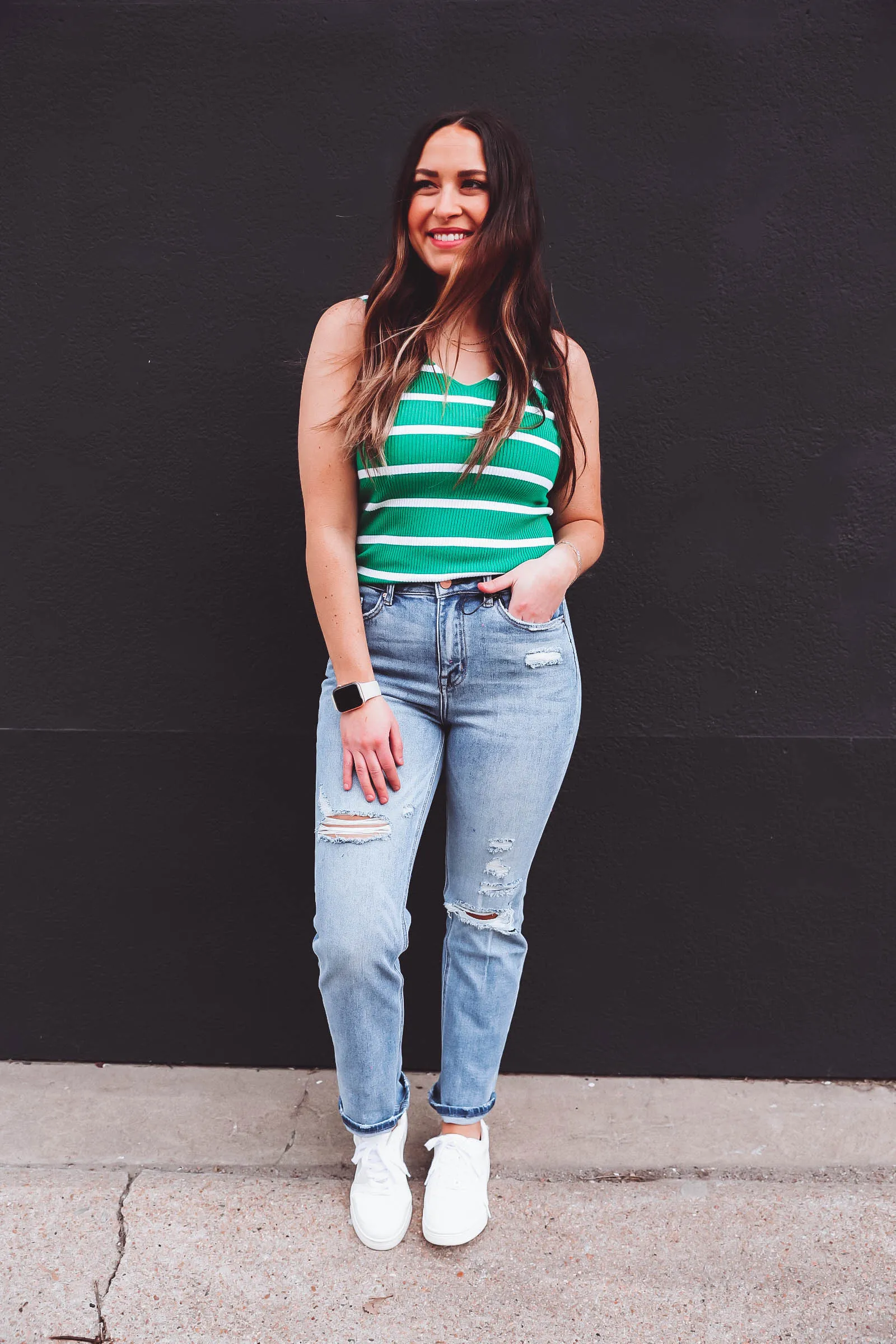 Corie Striped Knit Tank-Green/Ivory