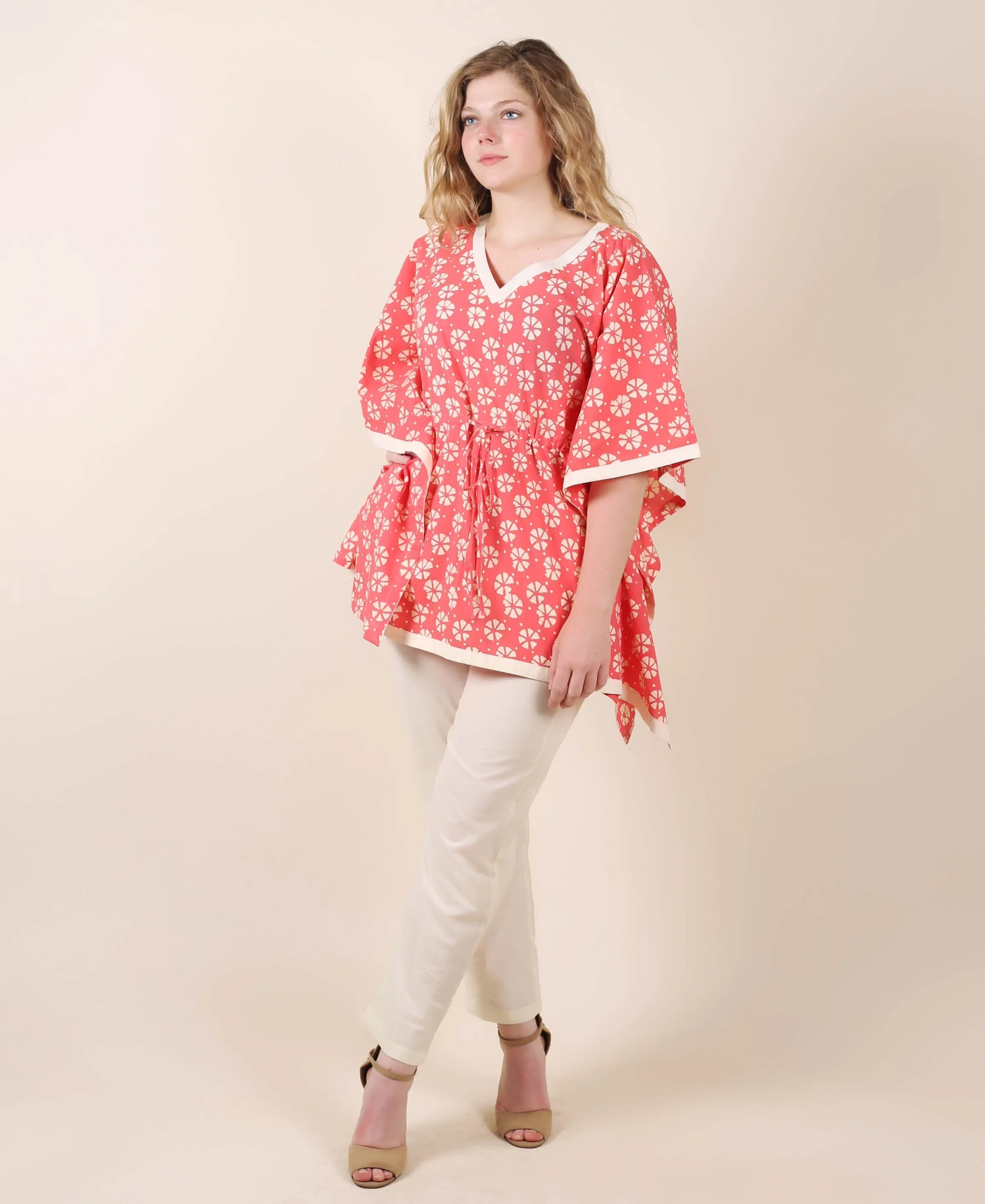 Cotton Coral Kaftan Style Top With White Trouser