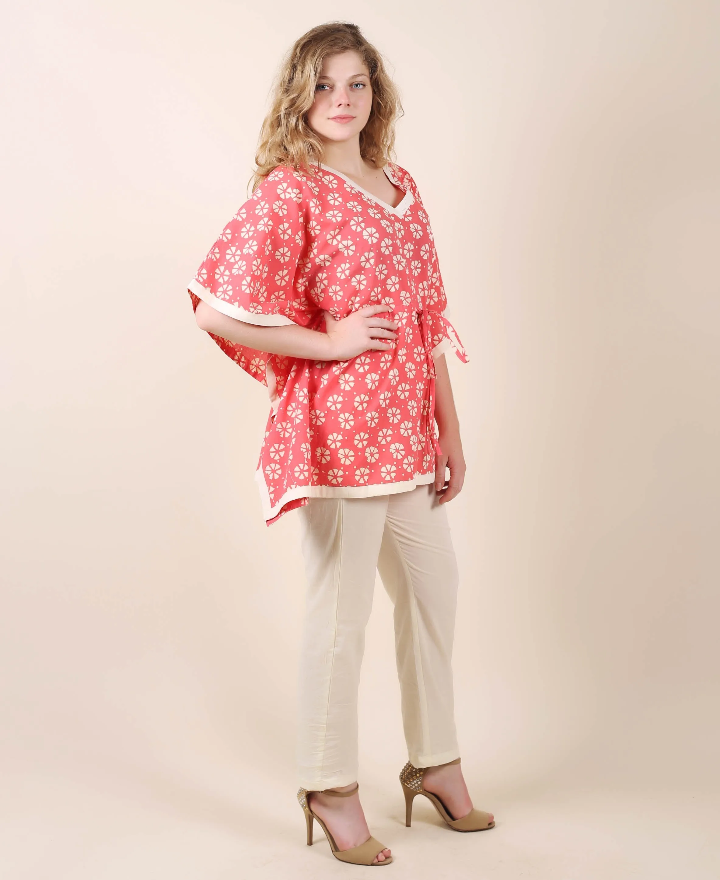 Cotton Coral Kaftan Style Top With White Trouser