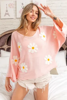 Daisy Flower Embroidery Loose Fit Knit Top