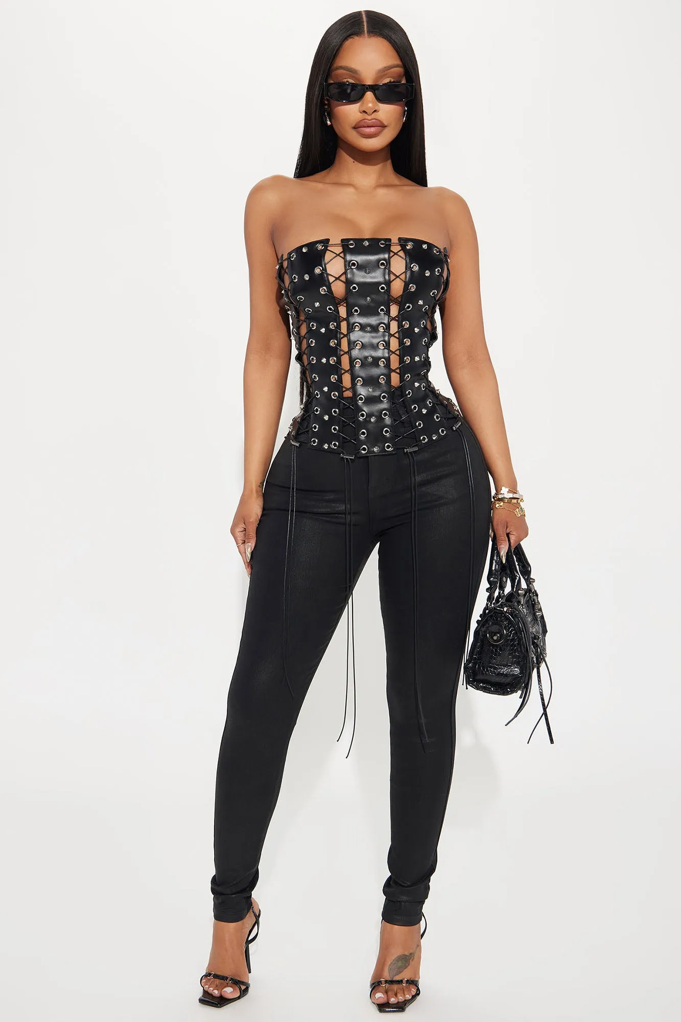 Dark Fantasy Faux Leather Corset Top - Black