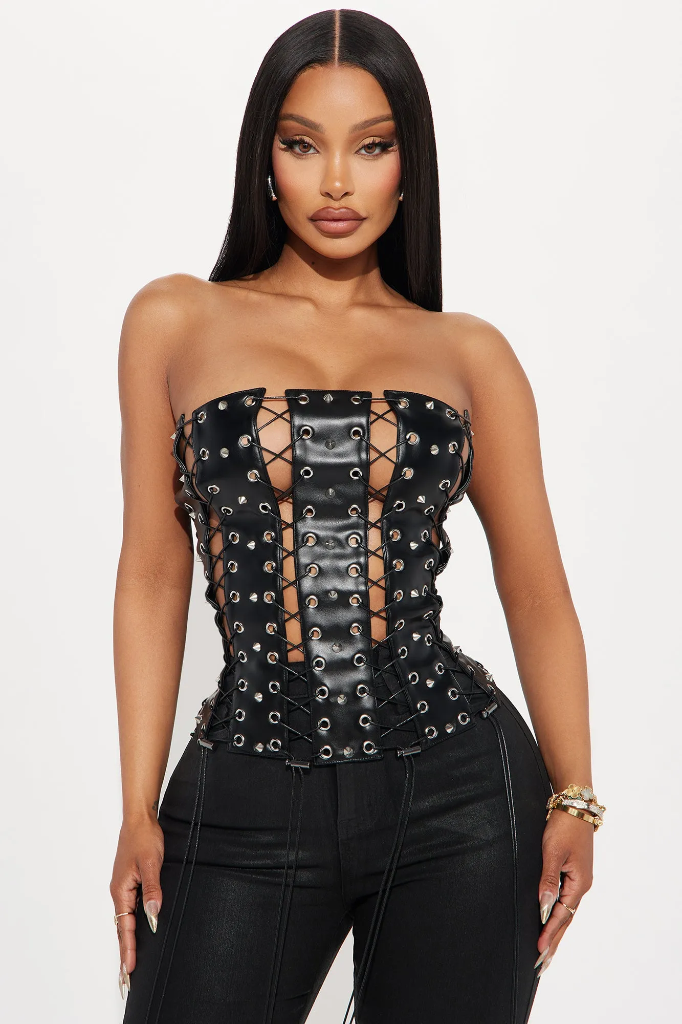 Dark Fantasy Faux Leather Corset Top - Black